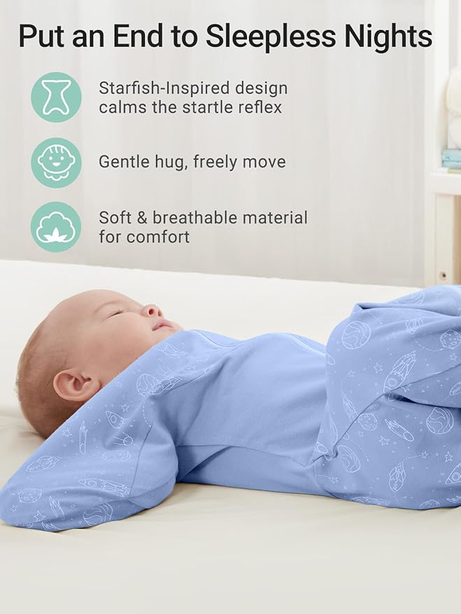 GROWNSY Transitional Swaddle Sleep Sack 3-6 Months, Starfish Design Baby Swaddle Sack, Dual-Zipper for Easy Diaper Changes, Proper Hip Development & Openable Foot Button, 12-20lbs, Blue