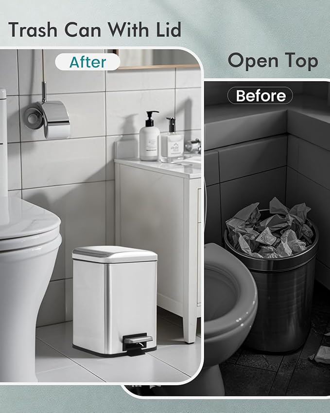 Bathroom Trash Can with Lid, 6 Liter / 1.6 Gallon Small Trash Can with Removable Liner Bucket, Soft Close lid & Step Pedal, Silver Stainless Steel Garbage Can for Bedroom, Office, Dorm