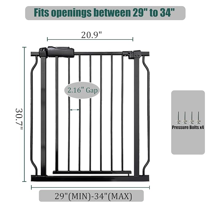 29-34 Inch Baby & Dog Gate, Pressure Mounted Auto Close, Walk Through Safety Gate for Narrow Stairs & Hallways, Black Heavy-Duty Metal - Kids & Pets