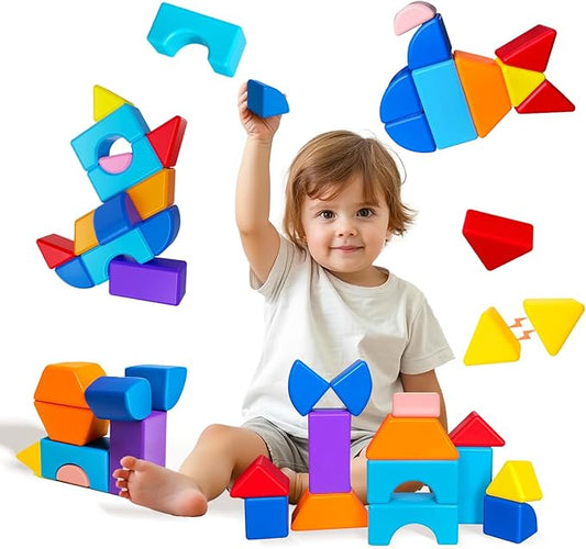 Magnetic Blocks for Toddlers 3-5, Large Magnetic Building Blocks Set, Colorful Stacking Blocks in 7 Fun Shapes, Preschool Learning Kit, Montessori & Sensory Toy for Kids Ages 3+ (14PCS)