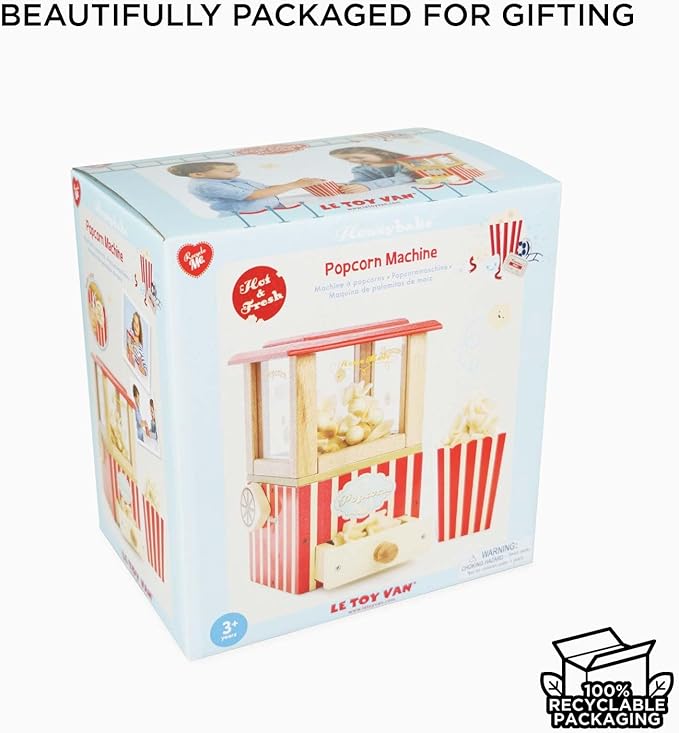 Le Toy Van - Wooden Honeybake Retro Popcorn Machine | Cinema, Kitchen Or Movies Pretend Play | Movie Night Role Kids Play Toy