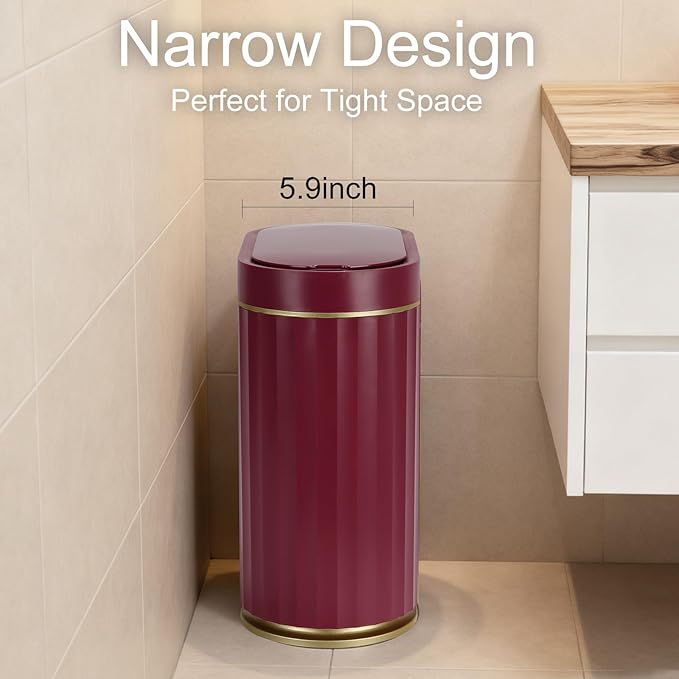 ELPHECO Bathroom Motion Sensor Trash can 2 Gallon Automatic Garbage Can, Slim Plastic Smart Trash Can with Lid, Commercial Intelligent Trash Bin for Bedroom, Bathroom, Office, Burgundy