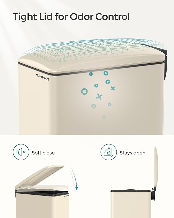 SONGMICS Slim Trash Can, 13-Gallon (50 L) Garbage Can for Narrow Spaces with Soft-Close Lid, Inner Bucket, and Step-on Pedal, Stainless Steel, 15 Trash Bags Included, Sand Beige ULTB510A01