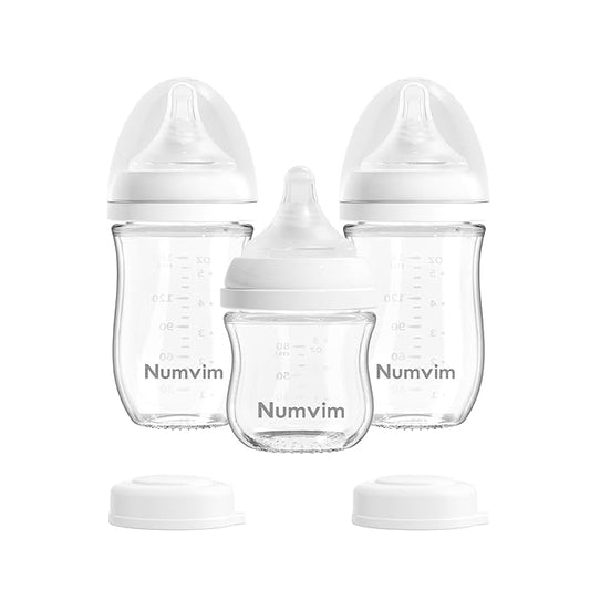 Natural Glass Baby Bottles with Gentle & Extra Slow Flow Nipples, Newborn Breastfeeding Bottle, Anti-Colic, Includes 1pcs SS Nipples(0 Month+) 2pcs S Nipples(1m+),3 Packs (White 3 Oz + 5 Ounce)