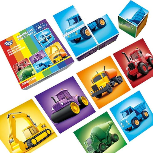 Magnetic Cubes for Toddler, 1.65 inch Large Building Blocks Tiles, Construction Vehicles Puzzles Game for Toddlers, STEM Educational Learning Toys for Boys & Girls Ages 1 2 3