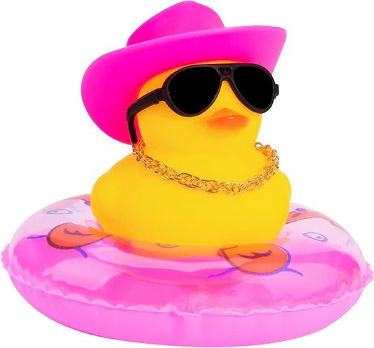 wonuu Car Rubber Duck, Yellow Duck Decoration Dashboard with Sun Hat Swim Ring Necklace Sunglasses for Car Dashboard Decorations