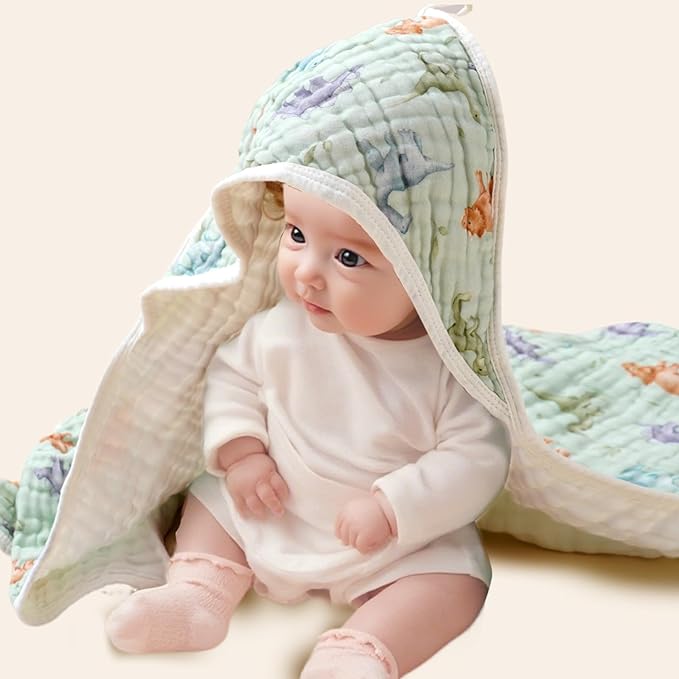 Muslin Hooded Baby Towels,2 Pack Baby Bath Towels,Large 31.5x31.5Inch,Hooded Towels for Baby and Infant,Soft&Absorbent(Elephants and Dinosaurs)