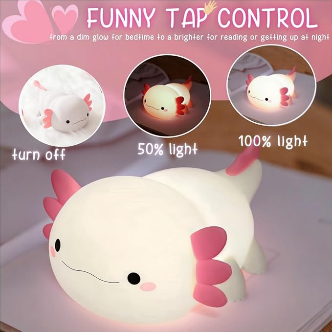 Axolotl Night Light for Kids, Cute Squishy Rechargeable Axolotls Lamp, Unique White Pink Xmas Axolotl Gifts, Dimmable LED Silicone Nightlight, Baby Safe, Girls Room College Dorm Décor