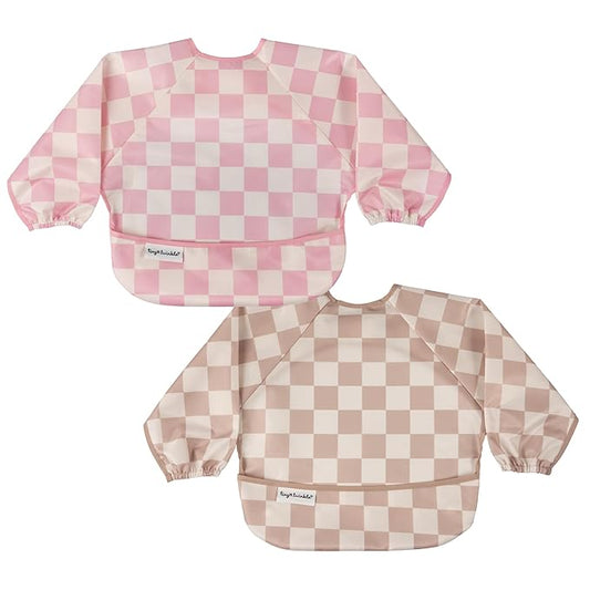 Tiny Twinkle Long Sleeve Bib for Babies & Toddlers – 2 Pack Waterproof Smock Bibs for Eating – Machine Washable & Mess-Proof, Baby Feeding Essential & Shower Must-Have (Pink,Beige Checkers, 6-24M)