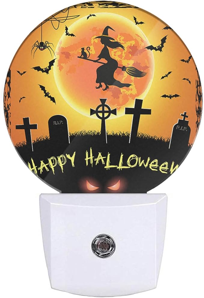 EKOBLA Halloween Night Lights Plug into Wall Scary Graveyard Flying Witch Bat Night Light for Boys Girls Men Women Happy Halloween Decorations