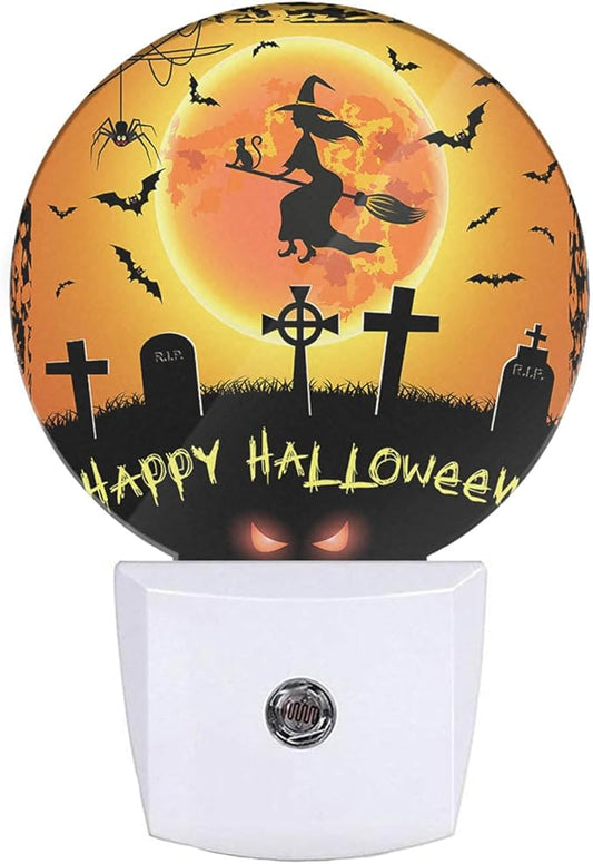 EKOBLA Halloween Night Lights Plug into Wall Scary Graveyard Flying Witch Bat Night Light for Boys Girls Men Women Happy Halloween Decorations