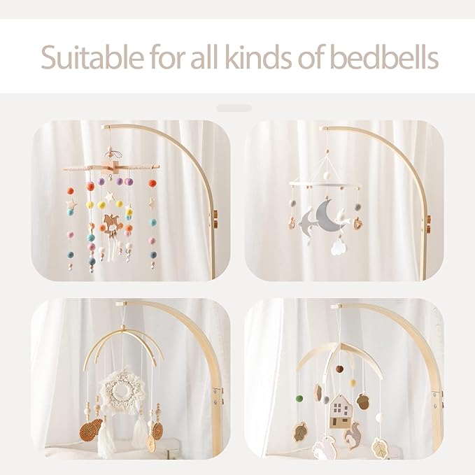 Wooden Crib Mobile Arm | Baby Crib Mobile Arm Wooden Holder | Rotatable Adjustable Anti Slip Attachment Clamp for Sturdy Mobile Hanger (Curved Arm)