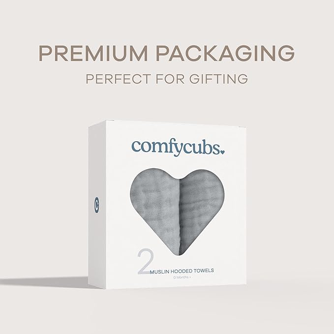 Comfy Cubs Hooded Baby Towel 2-Pack, Large 32 x 32 Inch - 6 Layer 100% Muslin Cotton for Babies, Toddlers and Kids - Soft & Absorbent Baby Bath Towels - Unisex Design for Bath Time - Heather Blue