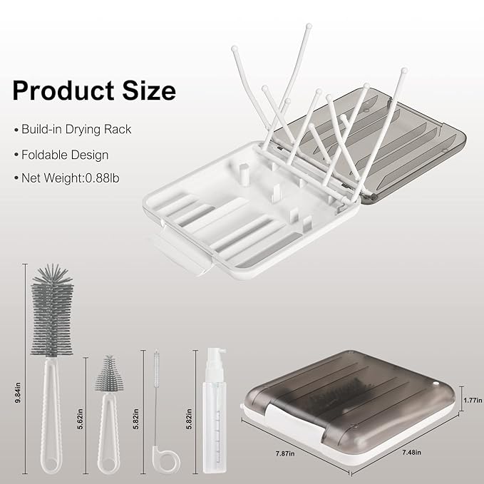 Baby Bottle Brush,6 in 1 Bottle Cleaner Set with Extendable Silicone Bottle Brush,Drying Rack,Nipple & Straw Brushes,Soap Dispenser & Organizer Case,Ideal Gifts for Babies& Moms