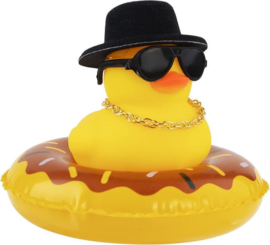 wonuu Car Rubber Duck, Yellow Duck Decoration Dashboard with Sun Hat Swim Ring Necklace Sunglasses for Car Dashboard Decorations