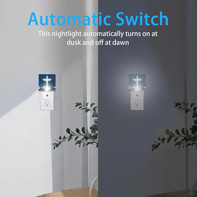 Blessed Night Light,White Cross in Heaven Night Lights Plug into Wall Dusk to Dawn Sensor Led Lamp for Women Men,Led Lights for Stairway/Hallway/Bedroom,0.5W
