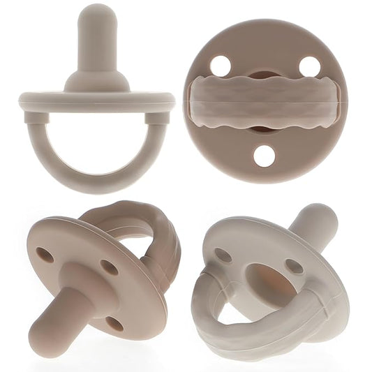 Soother Pacifier,Food Grade Silicone Pacifiers with Handle & 3 Holes for Added Safety, BPA Free, 4-Pack (Sand x2 / Light Grey x2)