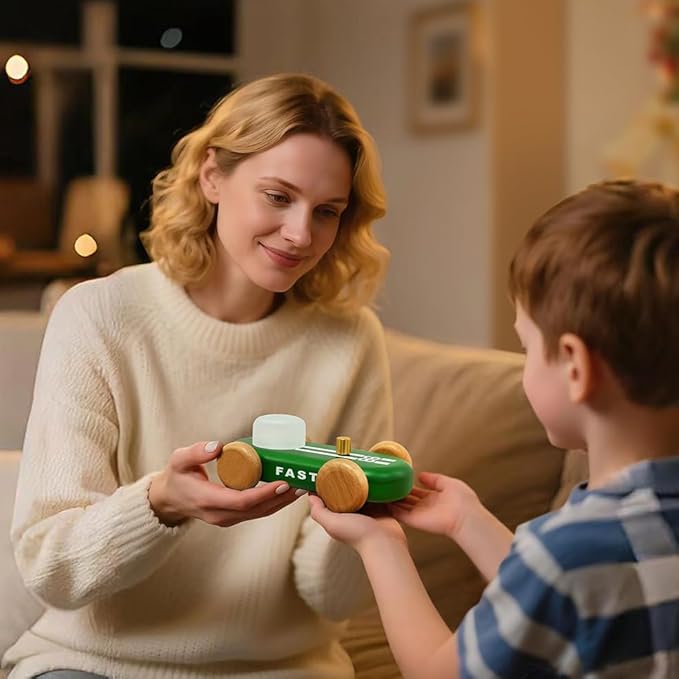 Wooden Go-Kart Night Light for Kids, 7 Color Adjustable, USB Rechargeable (Green)