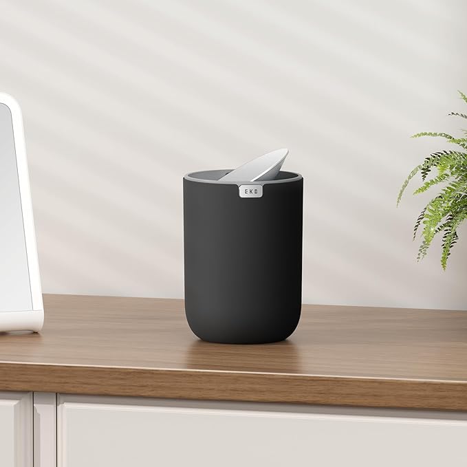 EKO Fandy 0.58 Gal/2.2L Mini Trash Can with Lid, Swing-Top Desktop Trash Can for Bathroom, Countertop, Vanity, Desk or Office, Small Garbage Bin (Black)