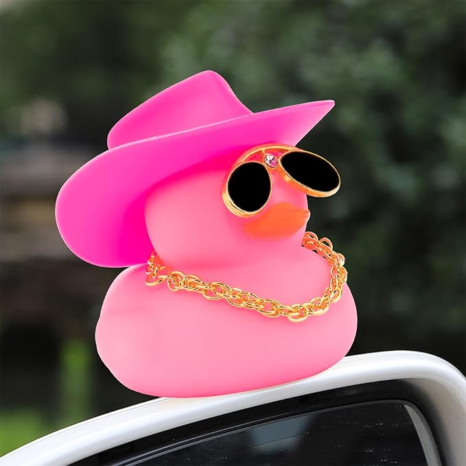 wonuu 2Pcs Car Dashboard Decorations Color Ducks, Rubber Duck for Car Ornament Accessories with Mini Hat Sunglasses Necklace and Swim Ring, A_Pink&White Duck+Pink Cowboy&White Cowboy