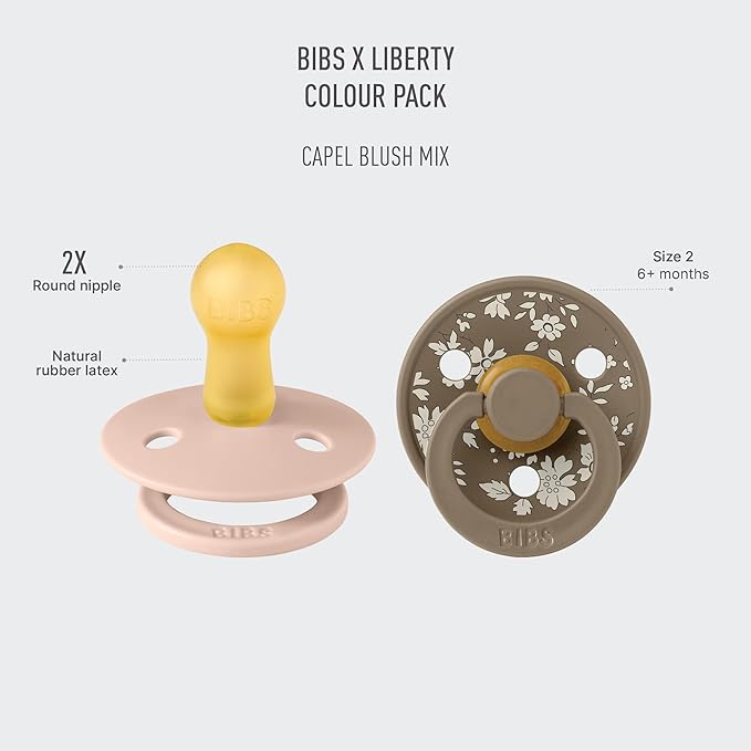BIBS Colour Liberty Soother 2-Pack, BPA Free Dummy Pacifier, Round Nipple. Natural Rubber Latex, Made in Denmark, Size 2 (6-18 Months), Capel Blush
