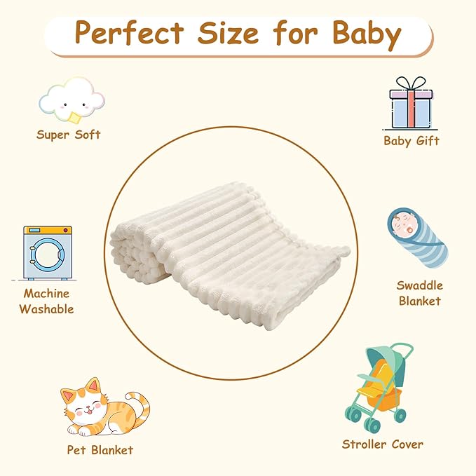 Soft Fleece Baby Blanket Ultra Cozy Baby Blankets for Boys Girls Warm and Lightweight Infant Toddler Newborn Receiving Gift with Reversible Stripes for Crib Stroller, 30x40 Inch, Cream