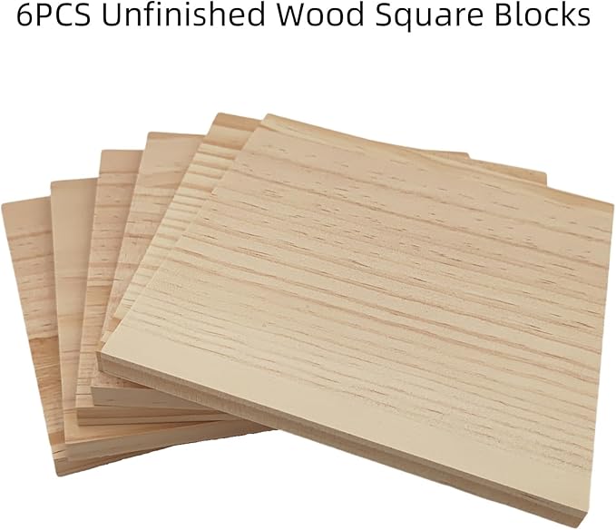 6PCS Unfinished Wood Square Blocks for Crafts, 6x6x0.4in Blank Wooden Squares Pine Wood Boards for Wood Carving,DIY Wood Coasters,Painting & Burning