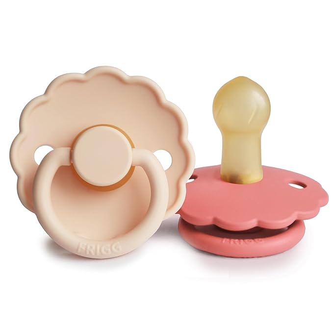 FRIGG Daisy Natural Rubber Baby Pacifier | Made in Denmark | BPA-Free (Pink Cream/Poppy, Size 1) 2-Pack