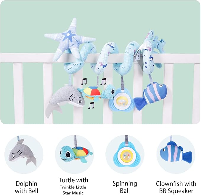 Deluxe 5-Piece Spiral Plush Toy Set - Cute Hanging Baby Rattle Animals including Shark Ideal Stroller, Crib Mobile, & Car Seat Toys for Babies 0-6 months up to 1 Year Coral Blue
