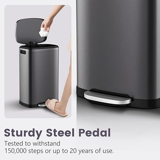 ELPHECO Kitchen Trash Can with Lid Soft Close, 13 Gallon / 50L Stainless Steel Pedal Garbage Can, Heavy-Duty Step Wastebasket with 20 Bags, Removable Bucket, Home Office, Titanium Silver
