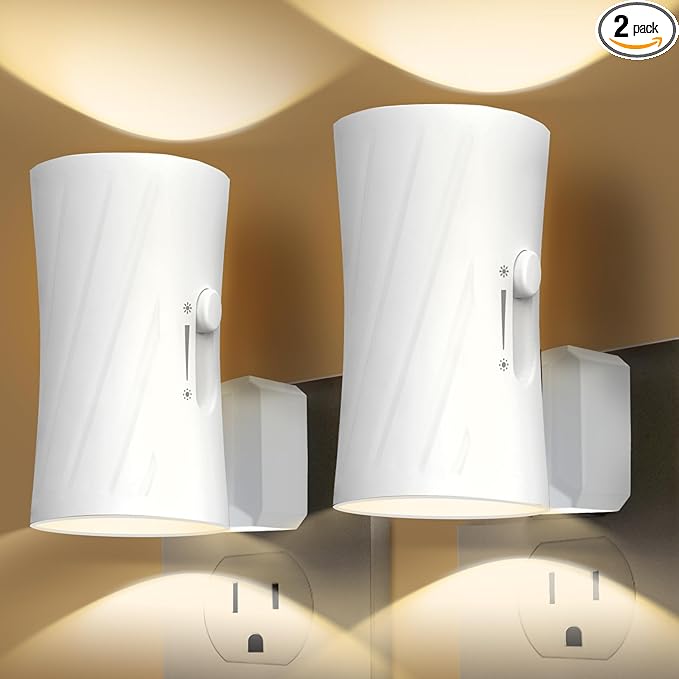 Night Lights Plug into Wall, LED Plug in Night Light, 3000K/5000K Switch, Dusk to Dawn Light Sensor, 0-100LM Adjustable Brightness Wall Light, Modern Night Light for Hallway Bedroom Stairway, 2 Pack