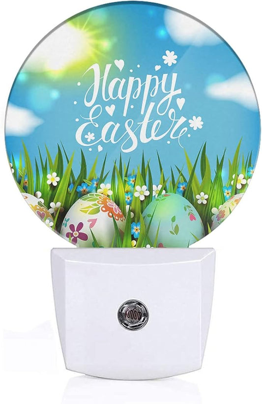 EKOBLA Easter Night Lights Plug into Wall Easter Colorful Eggs on Green Grass LED Dusk to Dawn Plug-in Nightlights Auto Sensor for Men Women Boys Girls