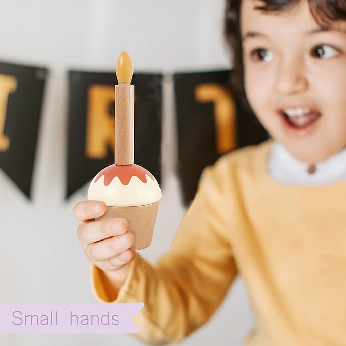 Wooden Cupcake Play Food Set – 21 PCS Pretend Cupcakes with Interchangeable Toppings, Candle, Tray, Piping Bag & Mitt, Birthday Cake Toy for Kids Kitchen & Tea Party Play, Ages 3+