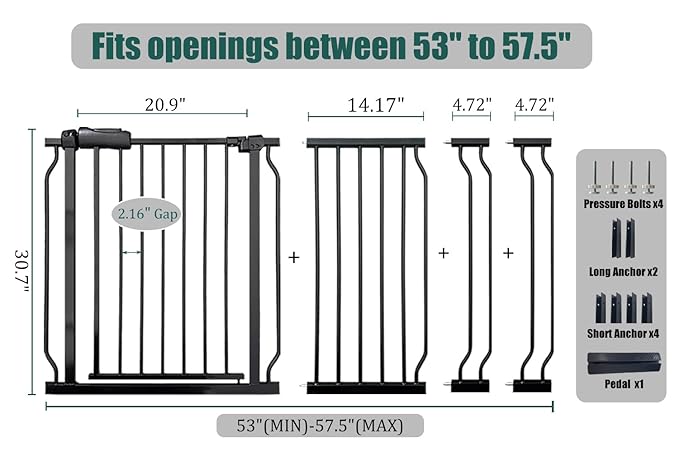 48-53 Inch Extra Wide Baby Gate, Walk Through Safety Gate for House Doorways & Banisters, Black Heavy-Duty Metal with Extension Kit