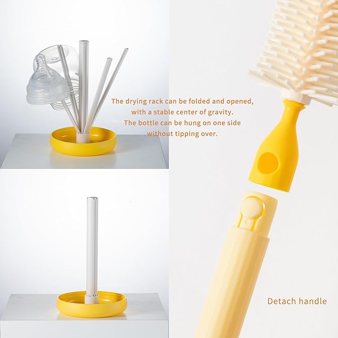 Chemimoso Travel Silicone Baby Bottle Cleaner Brush Set, Foldable Baby Bottle Drying Rack, Essential Cleaning Set for Outdoor Travel, Pink