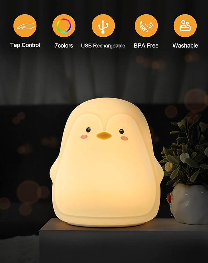Penguin Night Light, USB Rechargeable Silicone LED Night Light for Kids, Multicolor Cute Nursery Night Lights with Warm White and 7-Color Breathing Mode,Christmas Gift for Kids Baby Children Bedrooms