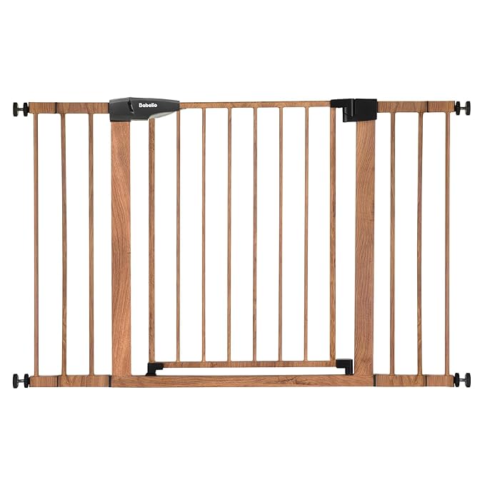 BABELIO 29-48" Metal Baby Gate with Brown Wood Pattern, Auto Close Dog Gate PressGuard P7 for The House, Stairs and Doorways, Pressure Mounted Pet Gate with Door, Safety Gate for Child and Pets