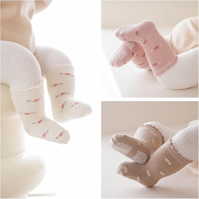 Baby Crew Socks,Grips Combed Cotton Socks Toddler Non-Skid for Girls,Boys Non Slip/Anti Skid 9-Pack