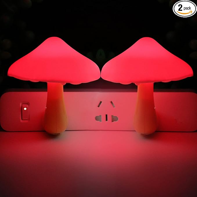 2 Pcs LED Night Light Plug in Nightlight Wall Lamp, Mushroom Night Light Mini Magic Night Lights for Adults Kids Bedroom, Bathroom,Toilet,Stairs,Kitchen,Hallway Red Led Light