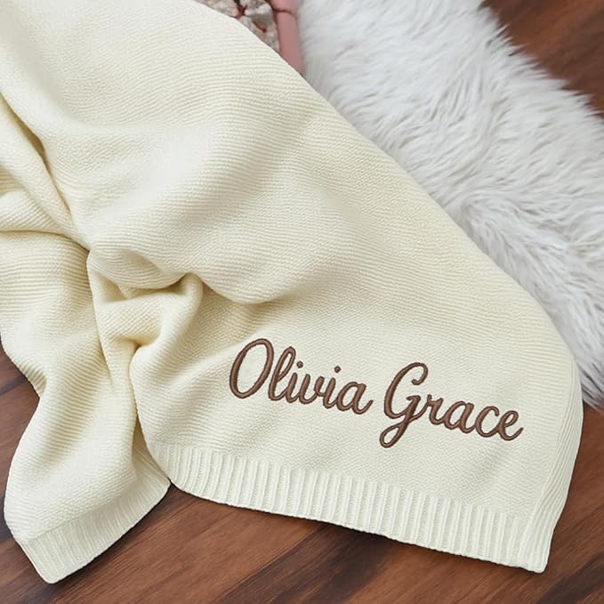 Personalized Baby Knit Blanket Custom Embroidered Cotton Blanket for Newborns, Nursery Essentials, Stroller Cover, Holiday, Thoughtful Keepsake for New Parents.
