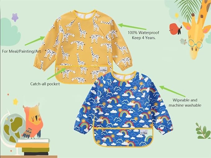 2 Pack Baby Bibs for Boy,Baby Bibs for Eating,Mess Proof Baby Bib,Full Sleeve Bib,Waterproof Bib for Toddlers