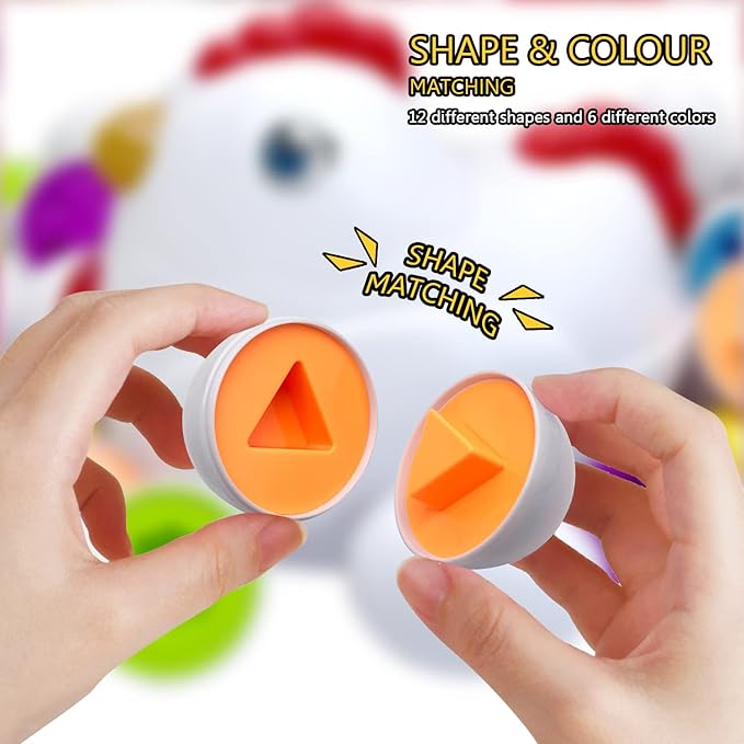 Easter Matching Eggs Toddler Toy with Push & Pull Chicken Box, 12 Pcs Montessori Sorter Learning Educational Toy, Multiple Shapes and Colors Fine Motor Skills Sensory Toy, Gift for Boys Girls
