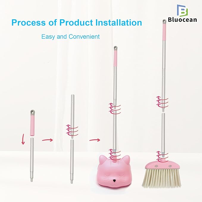28′′ Mini Broom and Dustpan Set for Kids-Ideal Kids' Toys as Gifts, Parent-Child Interactive Cleaning Tool, Cute Cartoon Design, Household Helper for Toddlers, Small Safe Corner Broom(Pink Puff)