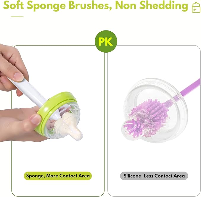 8 Pcs Sponge Nipple Bottle Brushes, Baby Bottle Brush with 3 Pcs Nipple Cleaner, 3 Pcs Replacement Heads and 2 Pcs Straw Brushes, White