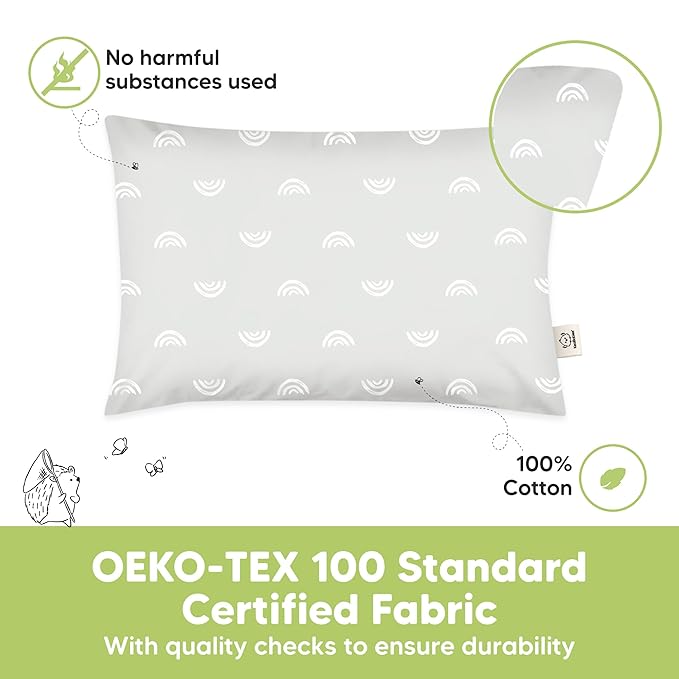 KeaBabies Toddler Pillow 13x18 - Soft Organic Cotton Kids Travel Bed Pillows for Sleeping, School, Nap, Machine Washable, Toddlers 2 to 5, Pillowcase Sold Separately (Gray Rainbow)