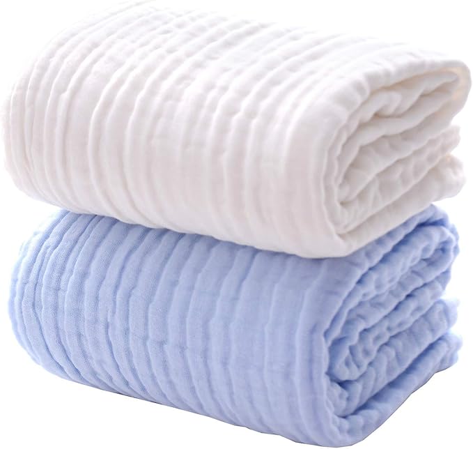 MUKIN Baby Bath Towels, Super Soft Cotton Receiving Blanket for Baby's Delicate Skin,2Pack Swaddle Blanket for Newborns Toddlers Boy Girl,Baby Registry as Shower (White+Blue)