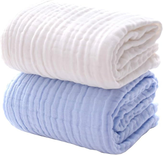 MUKIN Baby Bath Towels, Super Soft Cotton Receiving Blanket for Baby's Delicate Skin,2Pack Swaddle Blanket for Newborns Toddlers Boy Girl,Baby Registry as Shower (White+Blue)