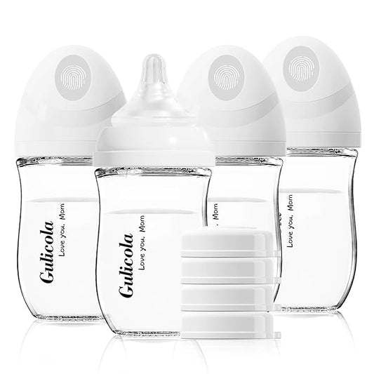 Gulicola Natural Glass Baby Bottle 4 Pack, Newborn Breastfeeding Bottles Set, Extra Slow Flow Nipples (SS), Anti Colic, 0 Months+, 5 oz - White