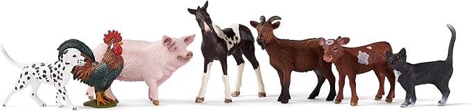 Schleich Farm World - 7 PC Farm Animal Playset with Dog, Cat, Pig, Goat, Rooster, Baby Horse and Cow Toys - Realistic Barnyard Figurines - Fun Educational Figures for Kids and Toddlers Ages 3+