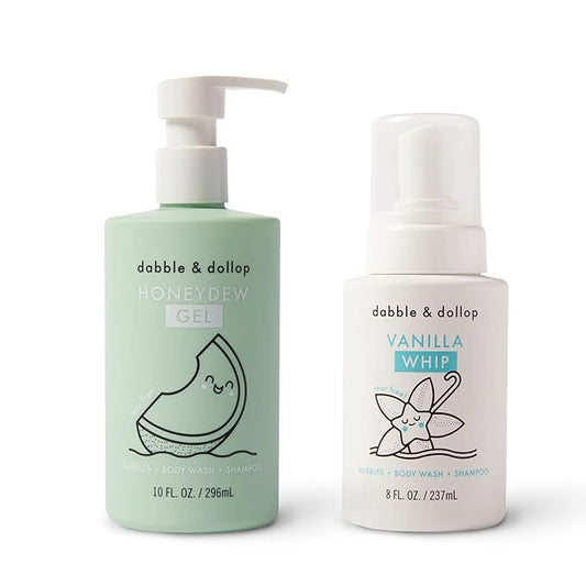 Dabble & Dollop Honeydew Melon + Vanilla Body Wash & Shampoo – 3-in-1 Natural Bubble Bath for Kids, No Parabens or Sulfates, Vegan, Gluten-Free, Tear-Free (2-Pack)